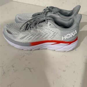 Hoka Light Gray and Red Running Shoes